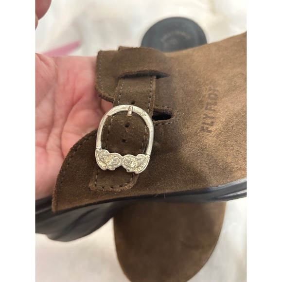 Fly Flot Suede Leather Clogs Comfort Buckle Slides Brown Shoes size 41/9 M - Picture 5 of 9